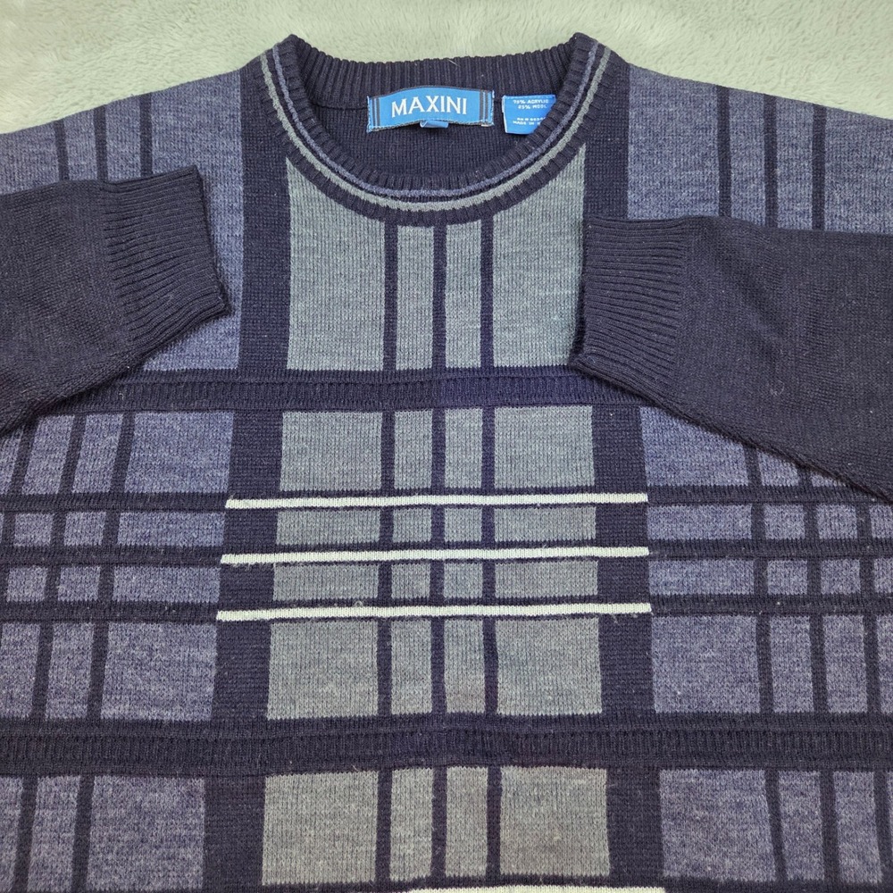 Maxini Wool Crew Neck Sweater Mens XL Geometric Plaid Knit Pullover Blue Grey